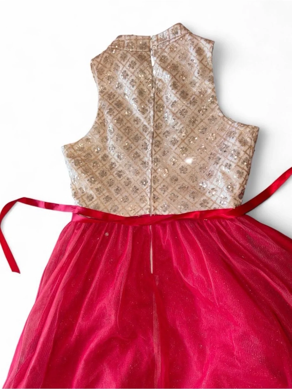 Rare Editions Gold Lace Bodice Red Tulle Formal Dress